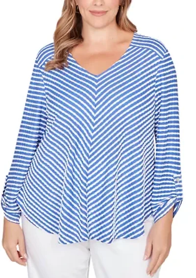 Plus Mitered Scallop Stripe Knit Tunic Top