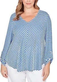Plus Mitered Scallop Stripe Knit Tunic Top