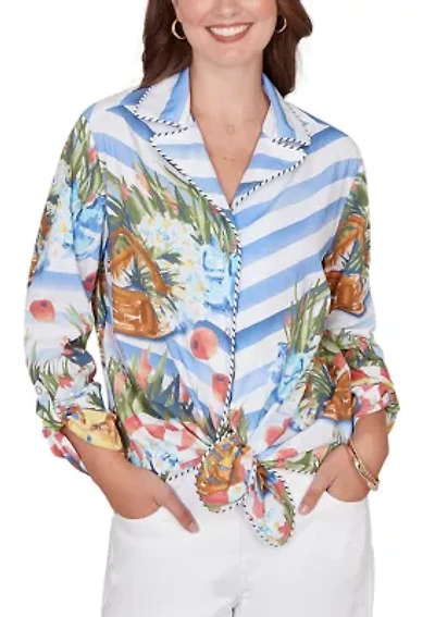 Petite Picnic Print Poplin Tied Snap Front Top