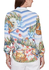 Petite Picnic Print Poplin Tied Snap Front Top