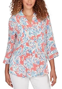 Petite Painterly Paisley Gauze Button Front Top