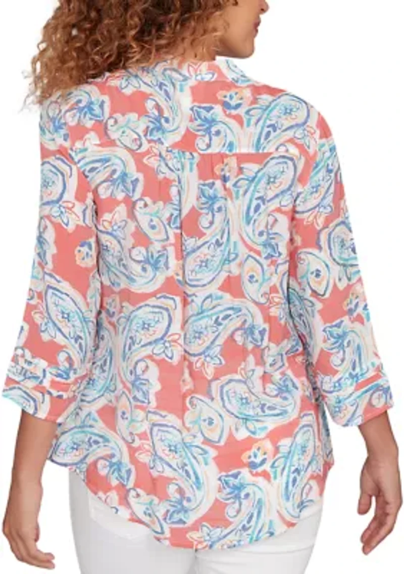 Petite Painterly Paisley Gauze Button Front Top