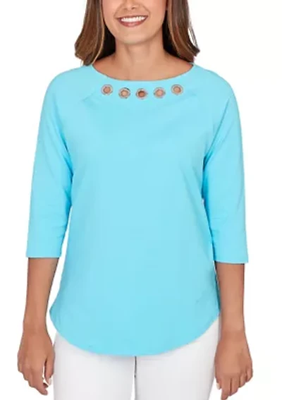 Petite Grommet Neck Solid Knit Top