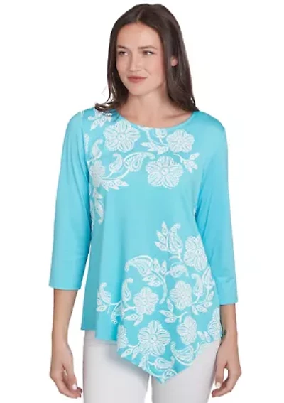 Women's Round Neck Floral Placement Printed Knit Top with Asymmetric Hem