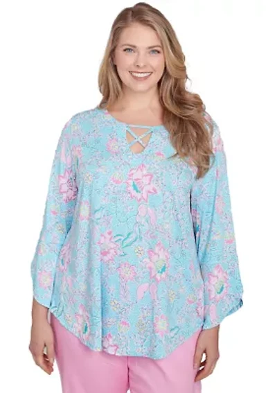 Plus Cloisonne Floral Puff Print Top