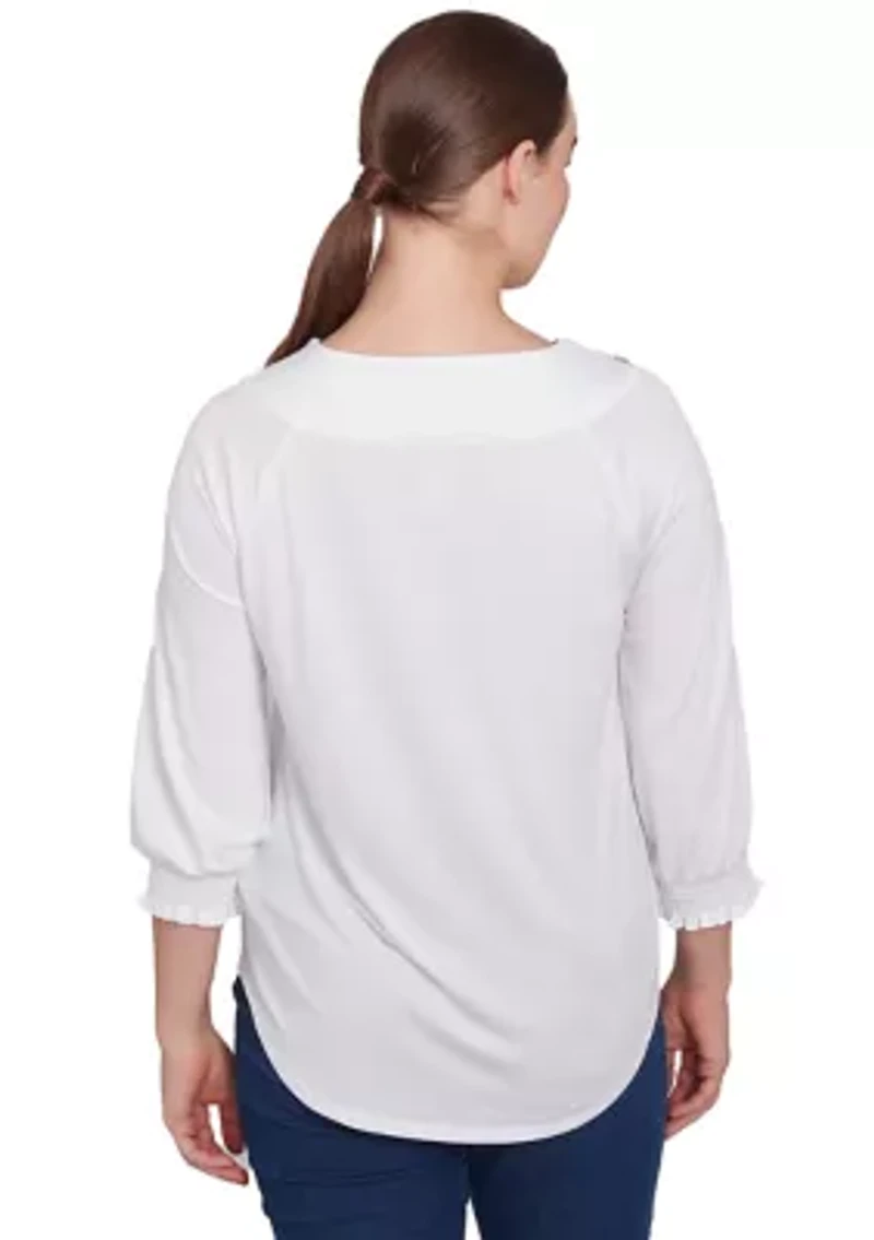 Petite Scoop Neck with Embroidery Detail Solid Knit Top Elastic Smocked Sleeve