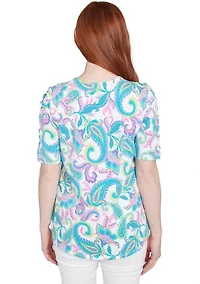 Petite Envelope Neck Multi Paisley Printed Knit Top with Ladder Detail Short Sleeves