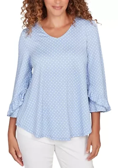 Women's V-Neck Polka Dot Puff Print Knit Top