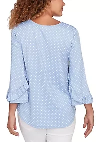Women's V-Neck Polka Dot Puff Print Knit Top