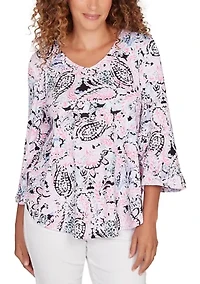 Women's V-Neck Paisley Ruffle Sleeve Knit Top