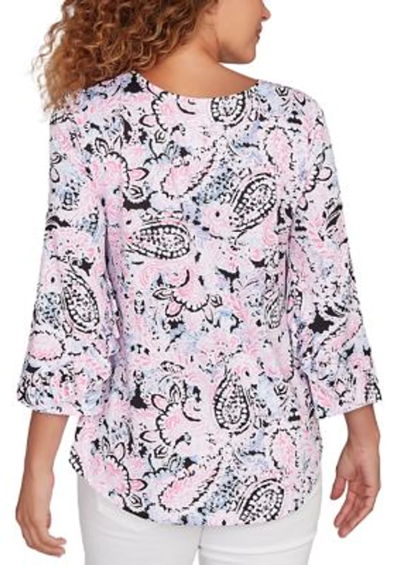 Women's V-Neck Paisley Ruffle Sleeve Knit Top
