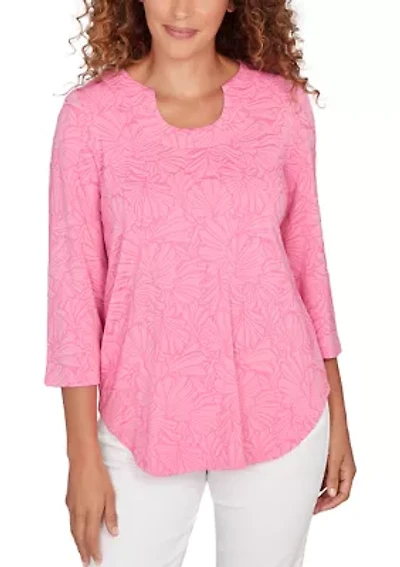 Women's Horseshoe Neck Solid Floral Jacquard Top