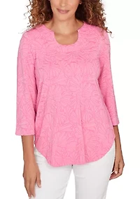 Women's Horseshoe Neck Solid Floral Jacquard Top