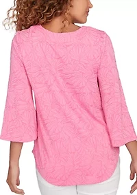 Women's Horseshoe Neck Solid Floral Jacquard Top