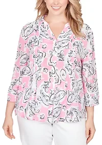Plus Paisley Printed Silky Gauze Pleated Top