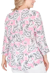Plus Paisley Printed Silky Gauze Pleated Top
