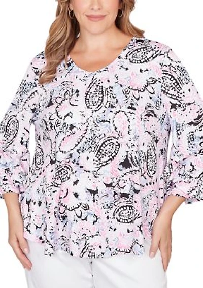 Women's V-Neck Paisley Ruffle Sleeve Knit Top