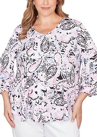 Women's V-Neck Paisley Ruffle Sleeve Knit Top