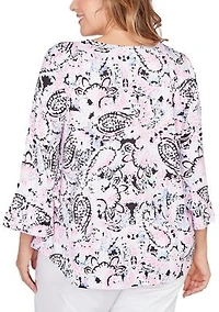 Women's V-Neck Paisley Ruffle Sleeve Knit Top