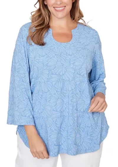 Plus Horseshoe Neck Solid Floral Jacquard Top