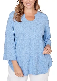 Plus Horseshoe Neck Solid Floral Jacquard Top