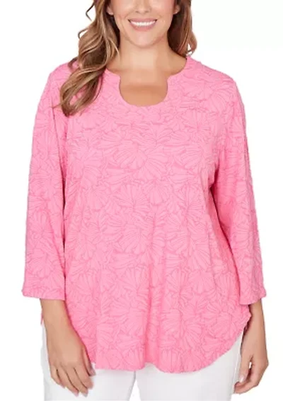 Plus Horseshoe Neck Solid Floral Jacquard Top