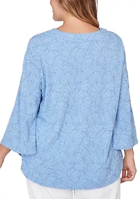 Plus Horseshoe Neck Solid Floral Jacquard Top