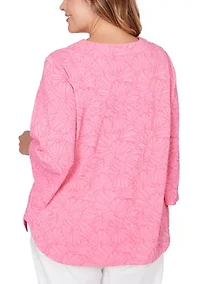 Plus Horseshoe Neck Solid Floral Jacquard Top