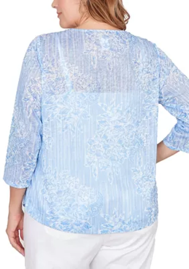 Plus Embellished Layered Floral Slub Knit Top