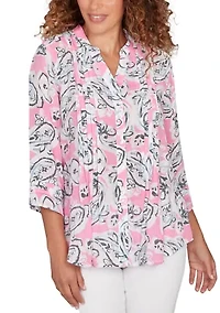 Petite Paisley Printed Silky Gauze Pleated Top