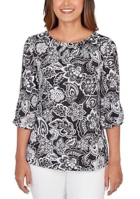 Petite Dotted Floral Puff Print Knit Top