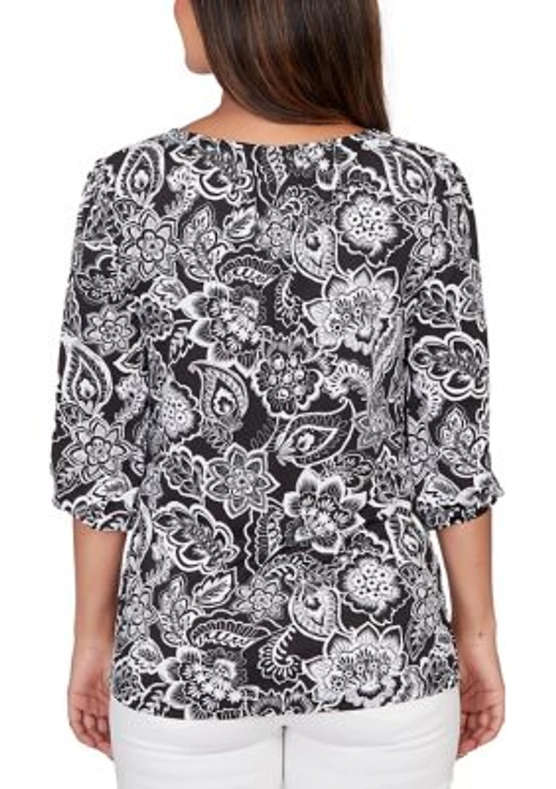 Petite Dotted Floral Puff Print Knit Top