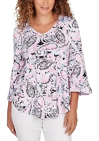 Petite V-Neck Paisley Ruffle Sleeve Knit Top