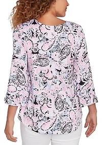 Petite V-Neck Paisley Ruffle Sleeve Knit Top