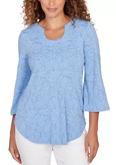 Petite Horseshoe Neck Solid Floral Jacquard Top