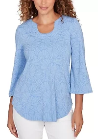 Petite Horseshoe Neck Solid Floral Jacquard Top