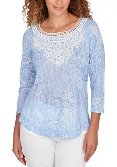 Petite Embellished Layered Floral Slub Knit Top