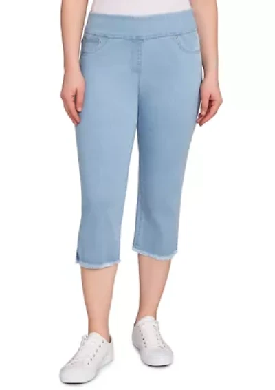 Women's Stretch Denim Fringe Hem Capri Pants