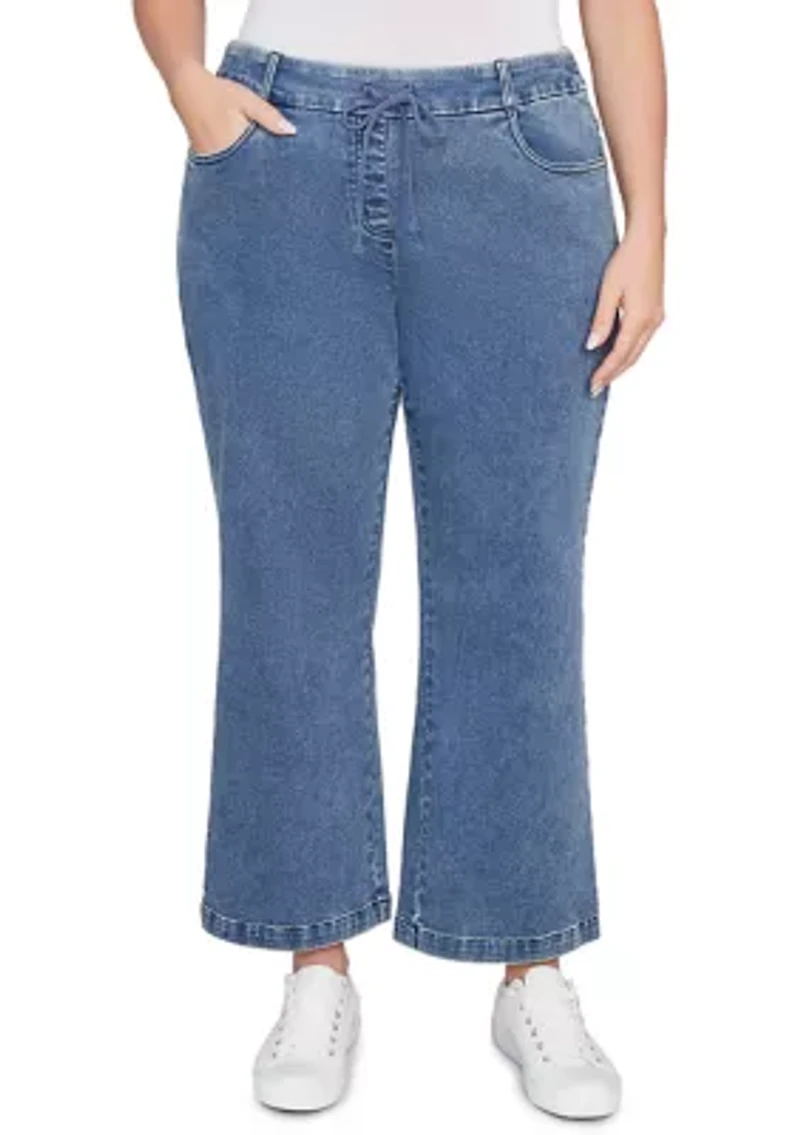 Plus Drawstring Terry Denim Wide Leg Jeans