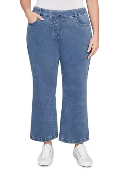 Plus Drawstring Terry Denim Wide Leg Jeans
