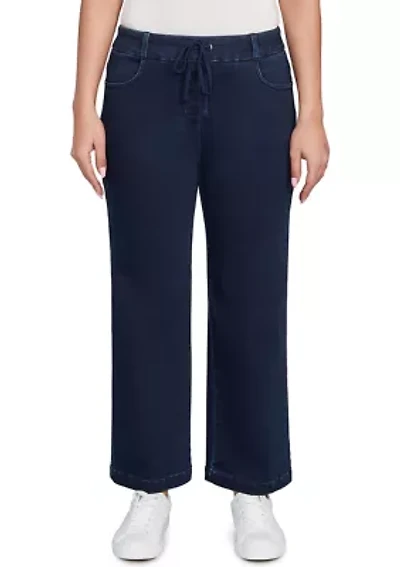 Plus Drawstring Terry Denim Wide Leg Jeans