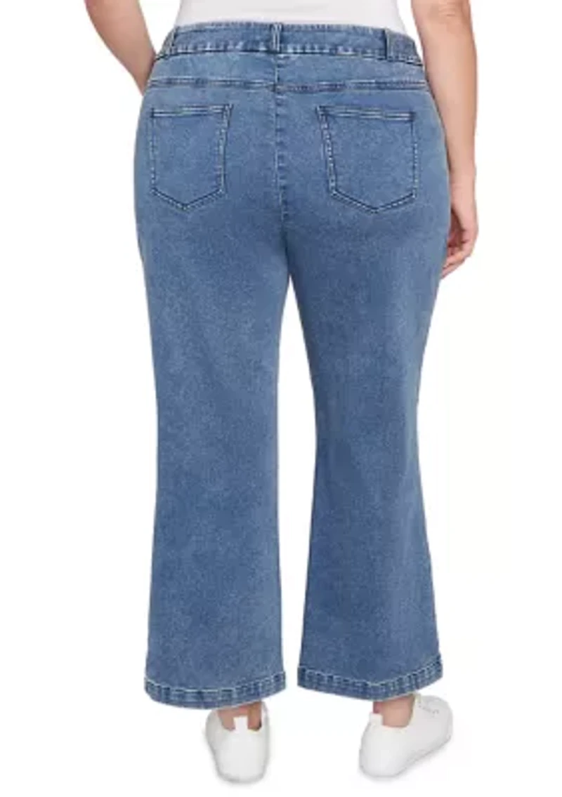 Plus Drawstring Terry Denim Wide Leg Jeans
