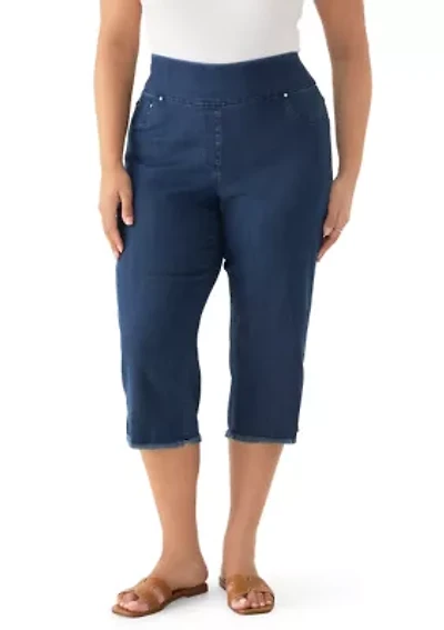 Plus Stretch Denim Fringe Hem Capri Pants