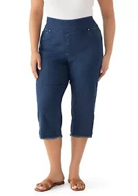 Plus Stretch Denim Fringe Hem Capri Pants
