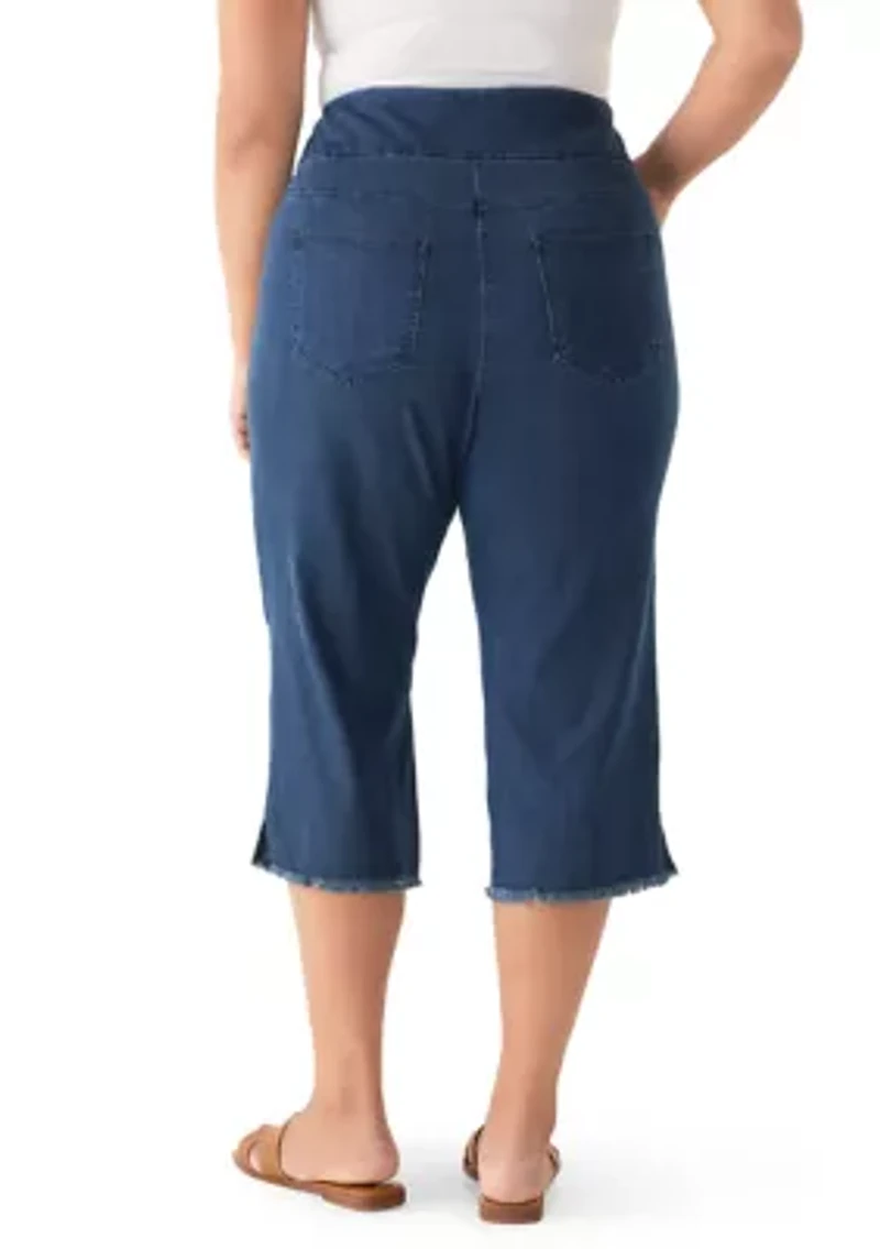 Plus Stretch Denim Fringe Hem Capri Pants