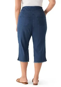Plus Stretch Denim Fringe Hem Capri Pants