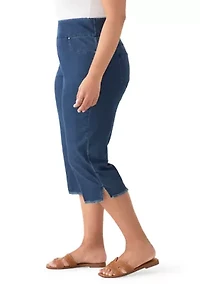 Plus Stretch Denim Fringe Hem Capri Pants