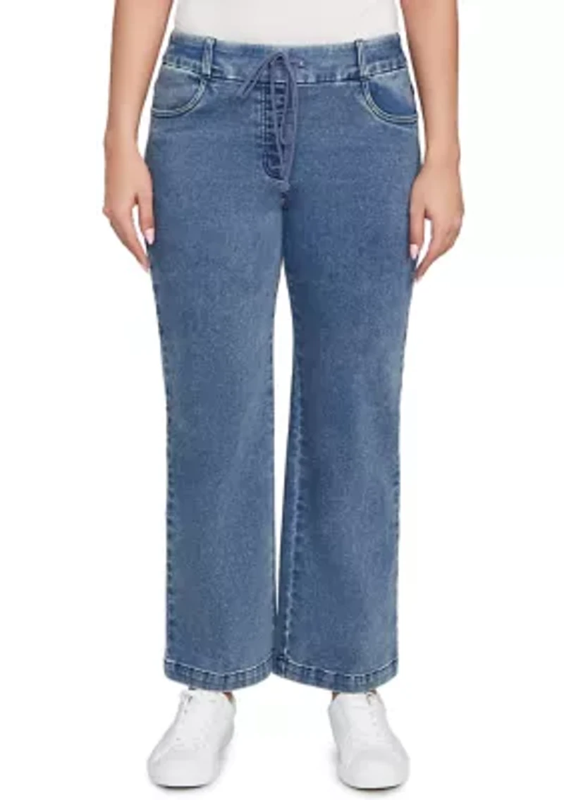 Petite Drawstring Terry Denim Wide Leg Jeans