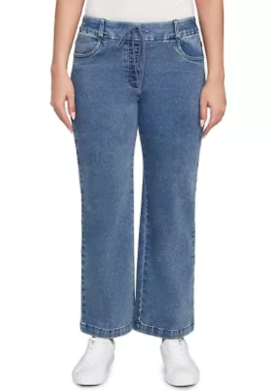 Petite Drawstring Terry Denim Wide Leg Jeans