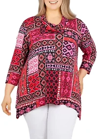 Plus Patchwork Cowl Neck Top